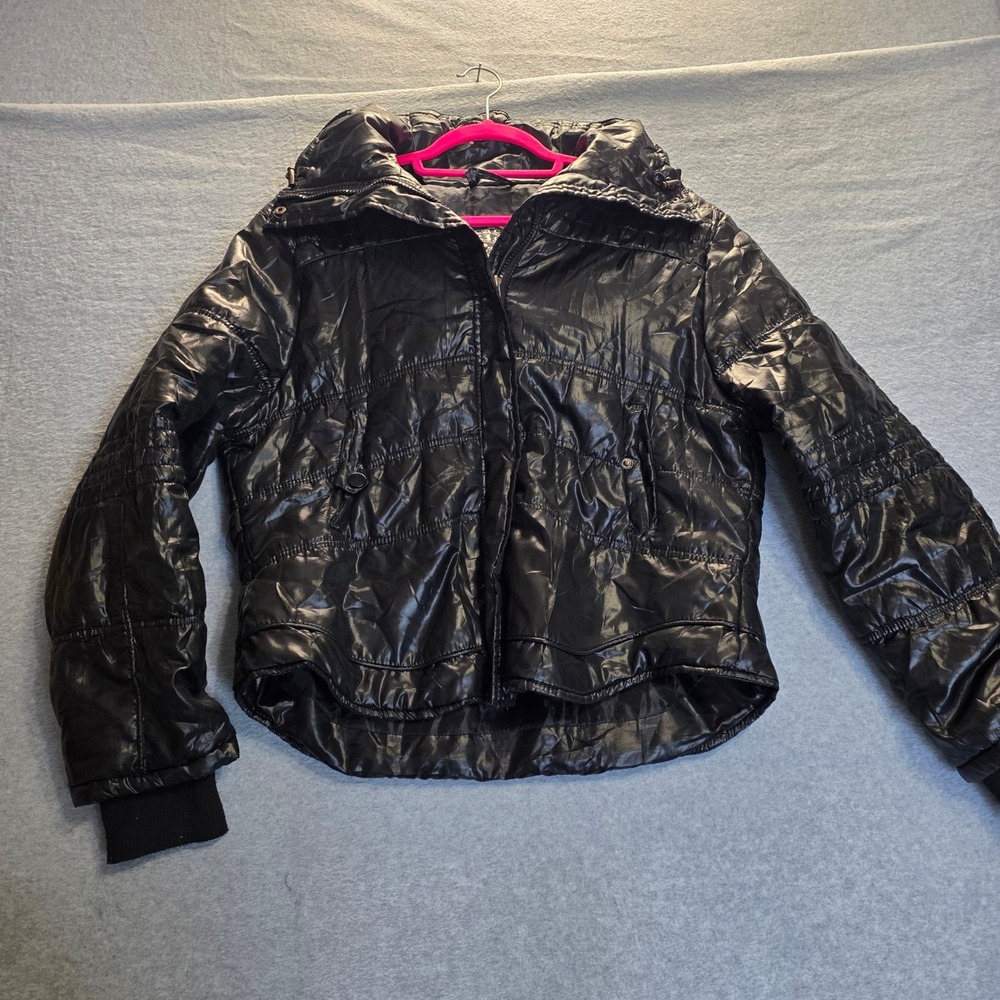 Last Kiss Black‎ Shiny Puffer Jacket Faux Fur Hood Womens XL 1081SRW1